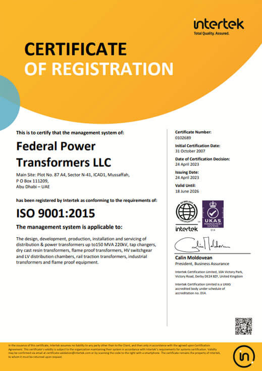 ISO 9001:2015 Quality Management Certificate - Federal Power Transformers