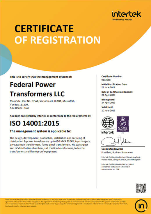 ISO 14001:2015 Environmental Management Certificate - Federal Power Transformers